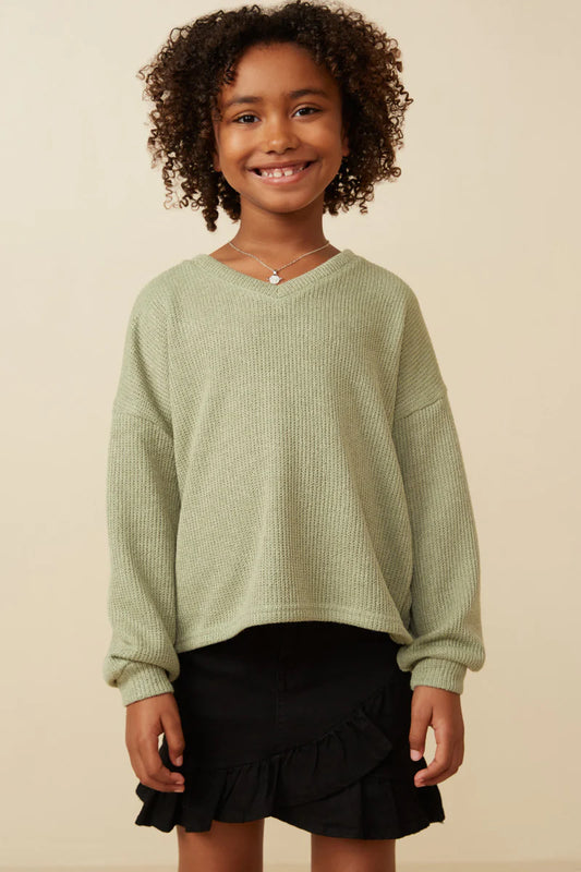 Girls Brushed Fuzzy Ribbed Knit Top