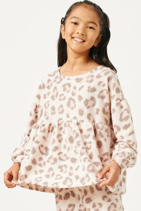 Girls Brushed Knit Leopard Peplum Top