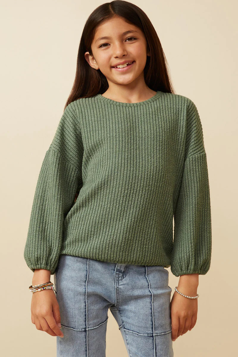 Girls Brushed Ribbed Puff Sleeve Knit Top
