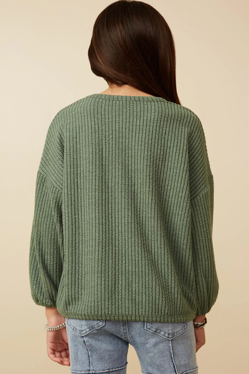 Girls Brushed Ribbed Puff Sleeve Knit Top