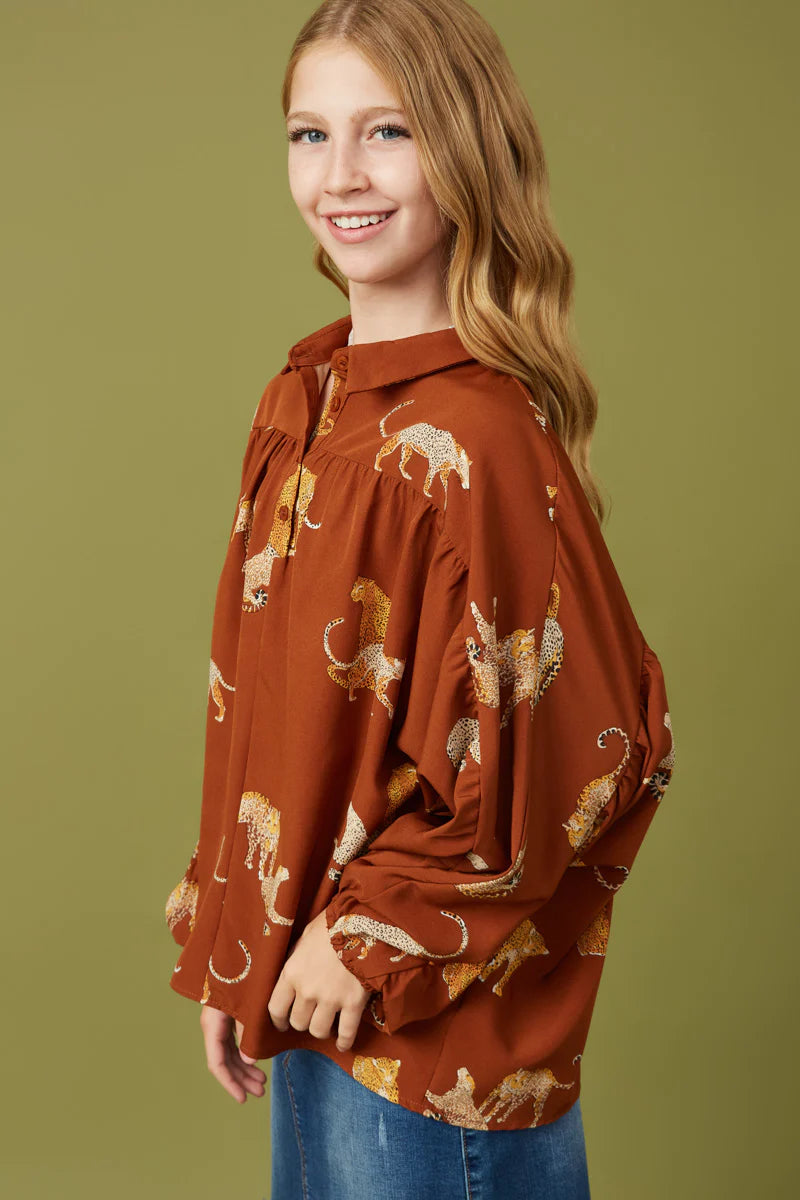 Girls Cheetah Print Dolman Sleeve Collared Top