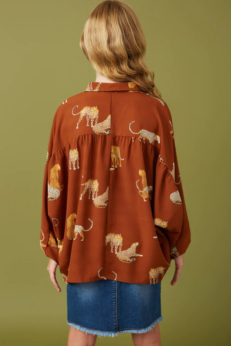Girls Cheetah Print Dolman Sleeve Collared Top