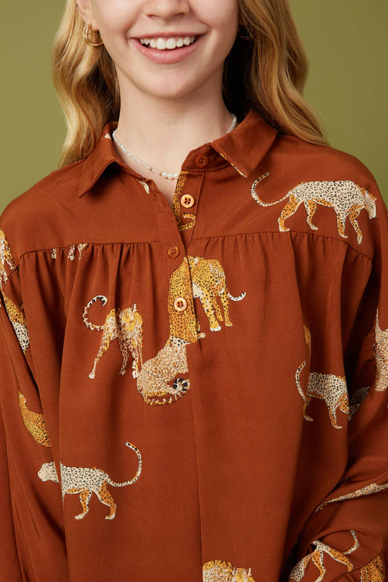 Girls Cheetah Print Dolman Sleeve Collared Top