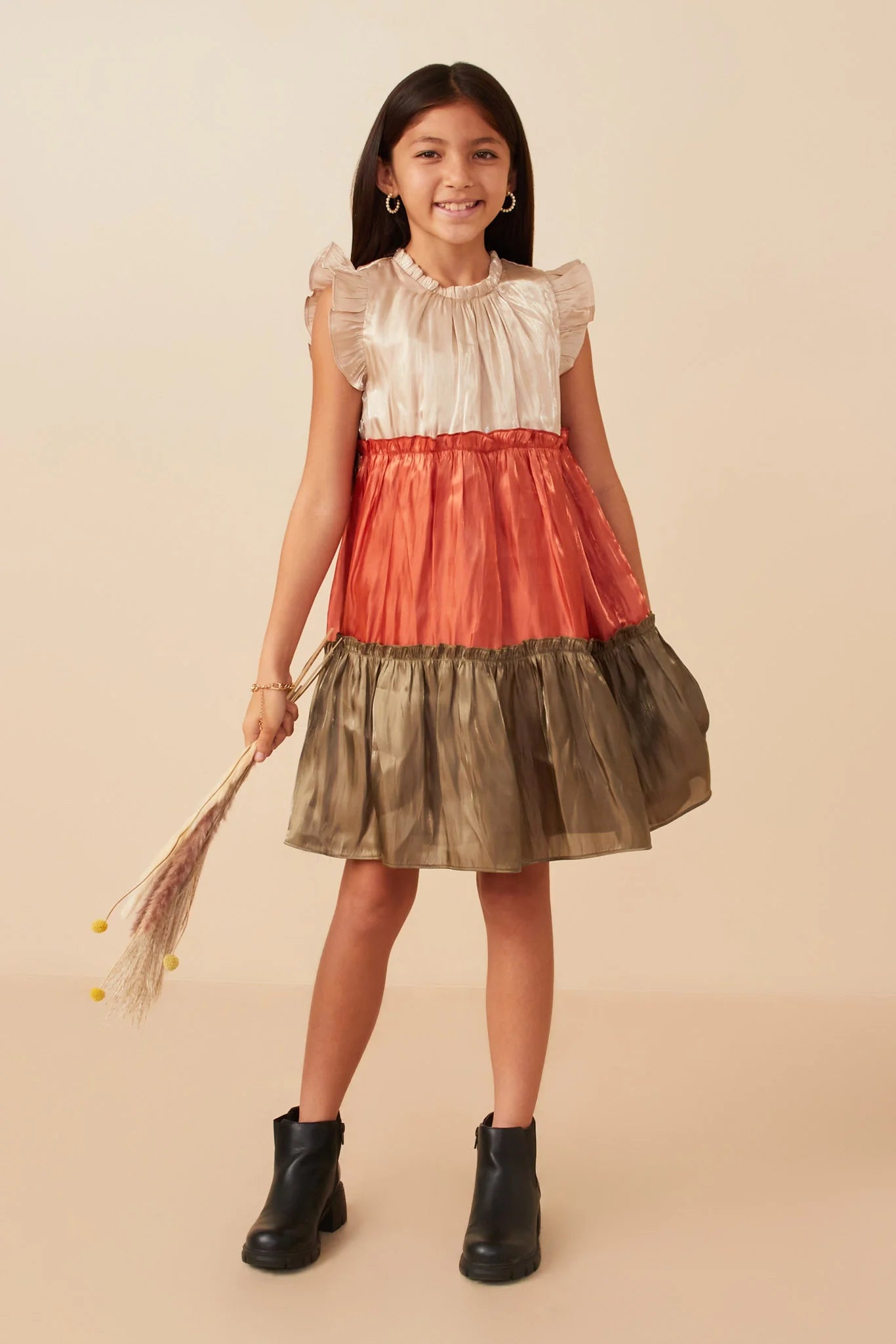 Girls Color Block Ruffled Shimmery Chiffon Dress