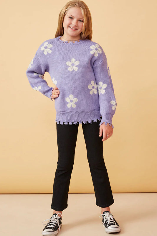 Girls Distressed Flower Pullover Sweater