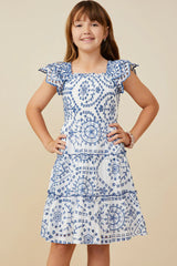 Girls Eyelet Embroidered Scalloped Ruffle Dress
