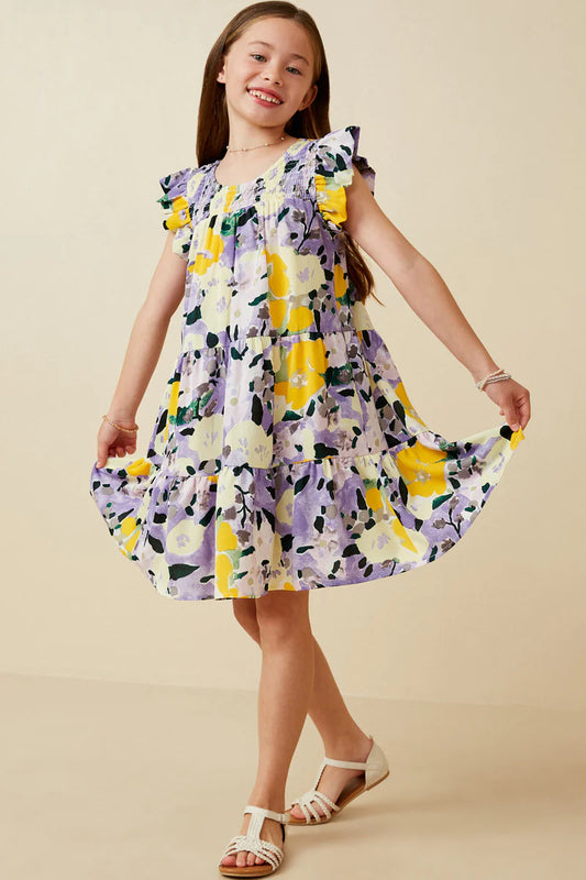 Girls Floral Placement Smock Ruffled Tank Dress