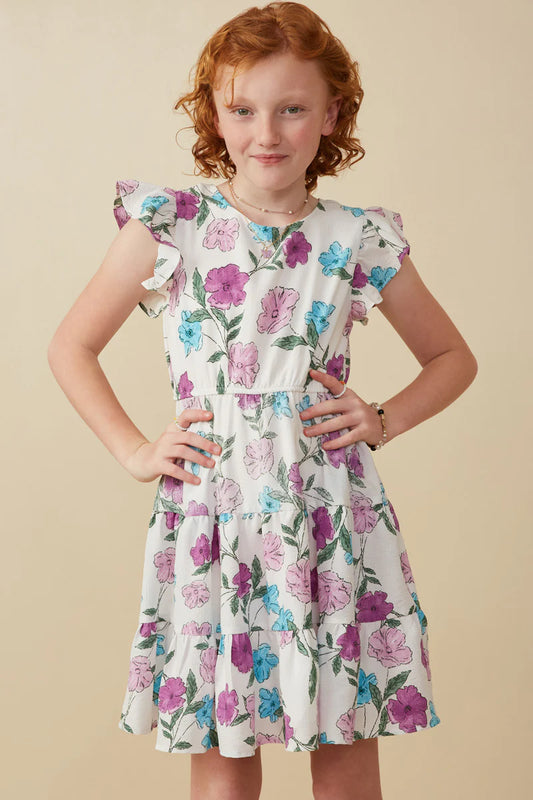 Girls Floral Print Ruffle Sleeve Textured Dress