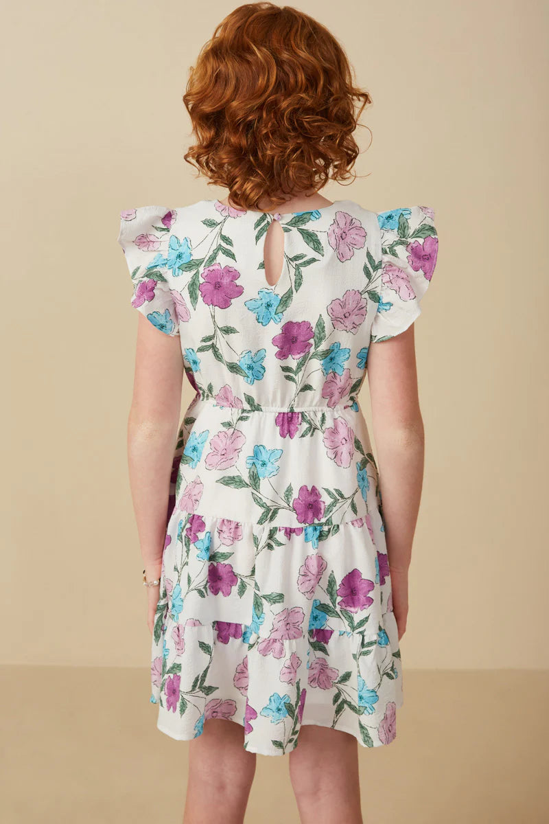 Girls Floral Print Ruffle Sleeve Textured Dress
