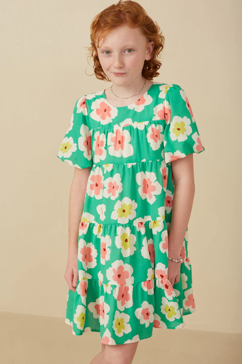 Girls Floral Puff Sleeve Tiered Dress