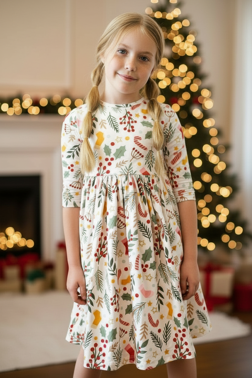Holly Jolly Christmas 3/4 Sleeve Pocket Twirl Dress - 2T Holly Jolly Christmas 3/4 Sleeve Pocket Twirl Dress - 2T