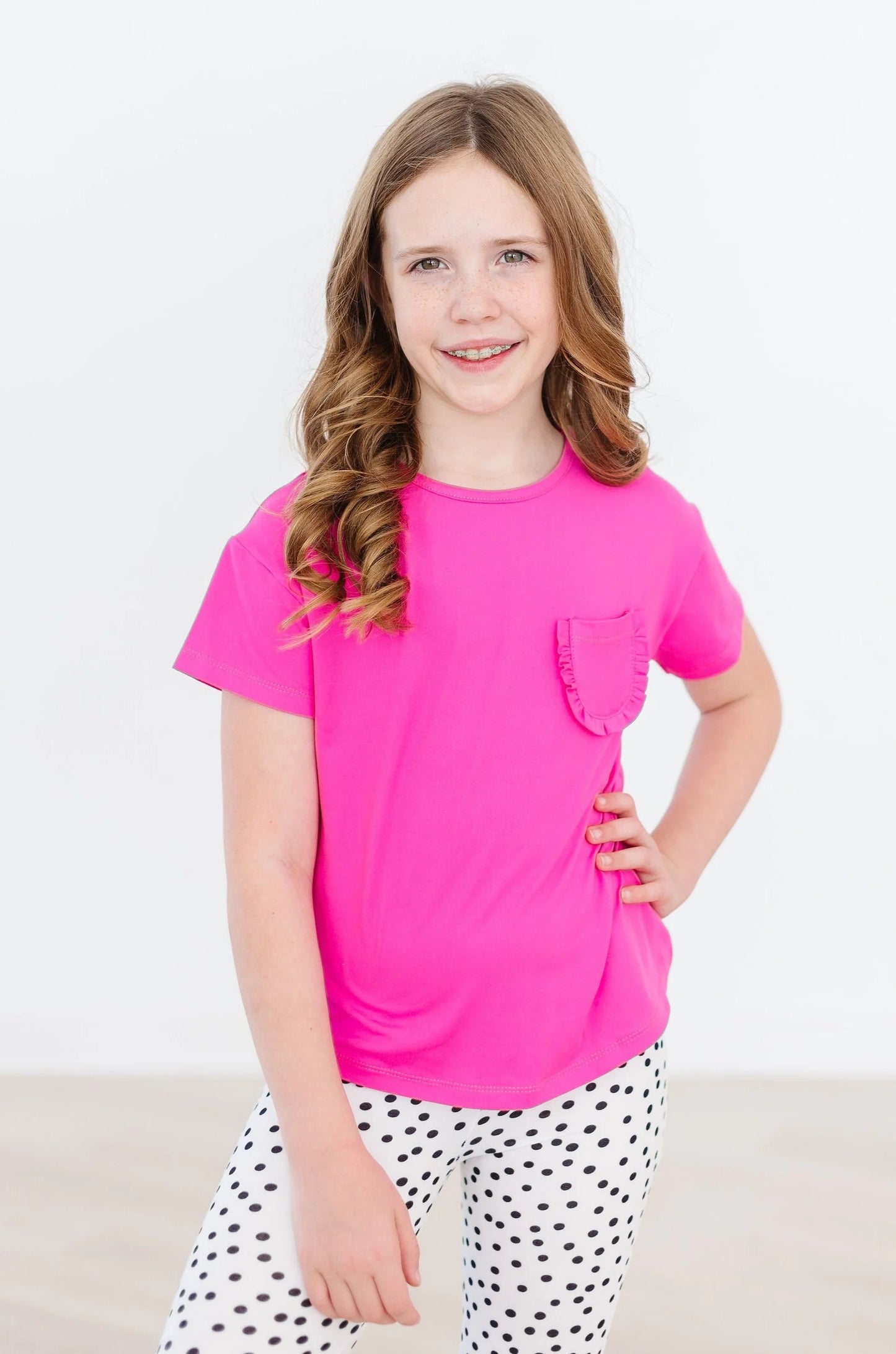 Girls Hot Pink Ruffle Pocket Tee