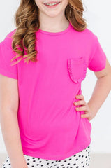 Girls Hot Pink Ruffle Pocket Tee