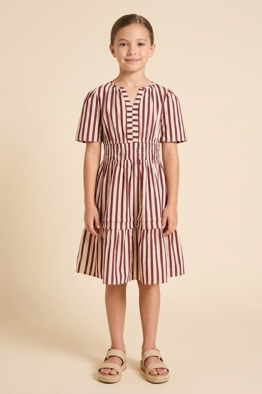 Girls Pleated Skirt Detail Striped Dress