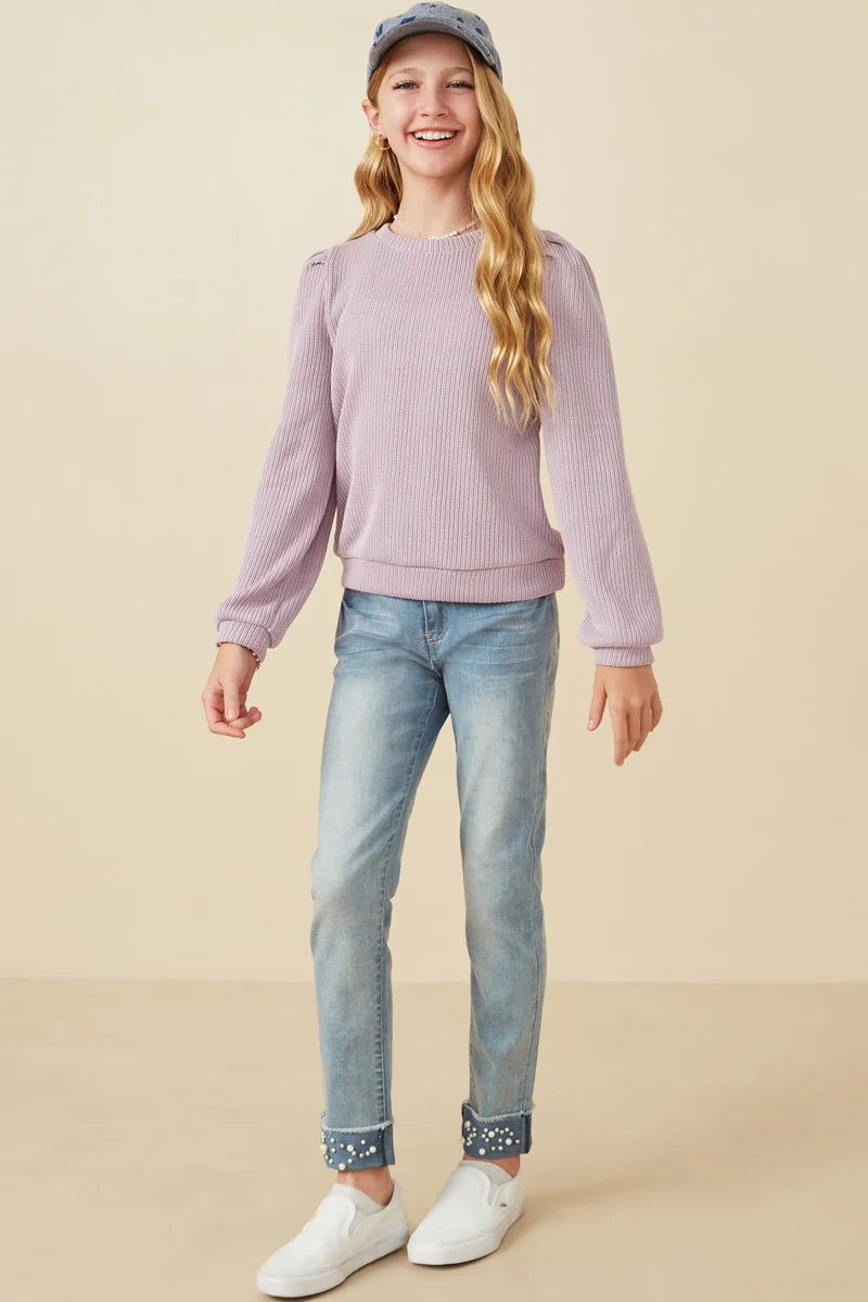 Girls Ribbed Knit Banded Detail Mock Neck Top