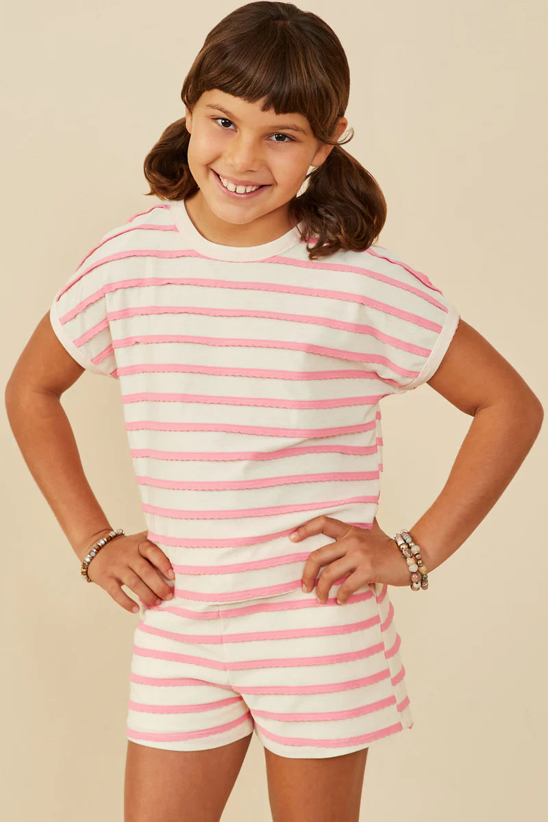 Girls Ruffle Textured Stripe Knit Dolman Top
