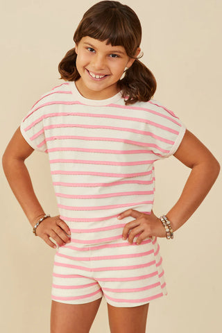 Girls Ruffle Textured Stripe Knit Dolman Top