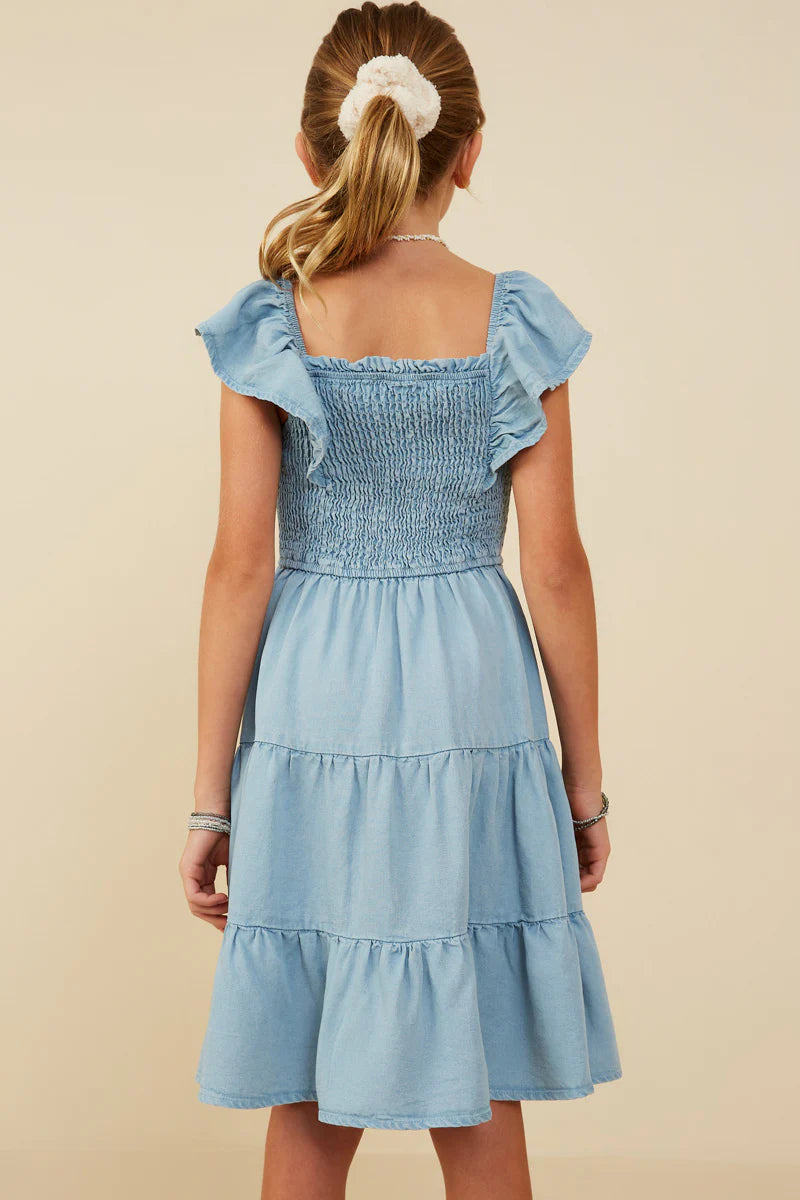 Girls Smocked Detail Ruffled Sleeveless Tencel Dress