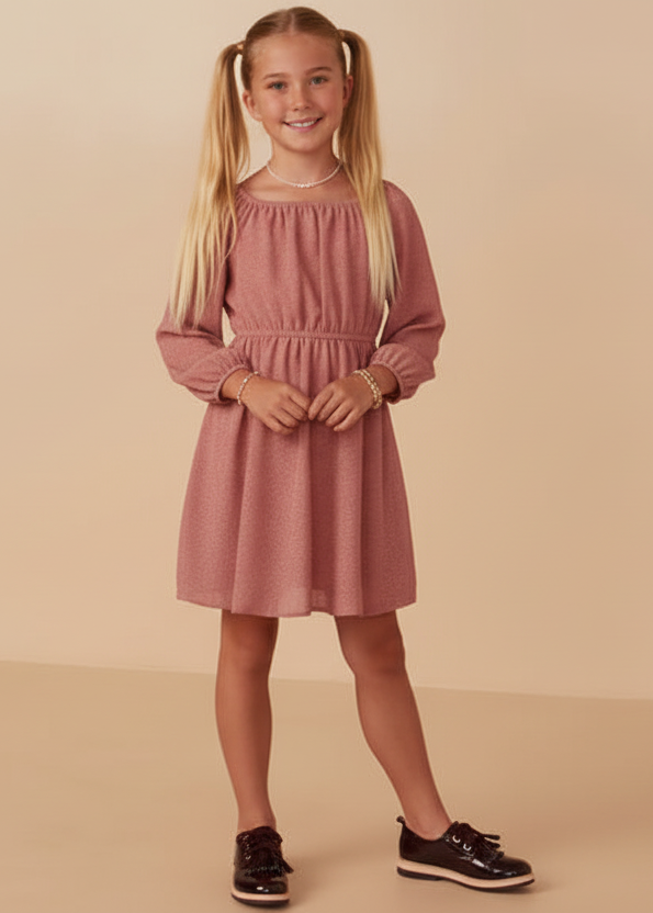 Girls Sparkle Foil Puff Sleeve Dress