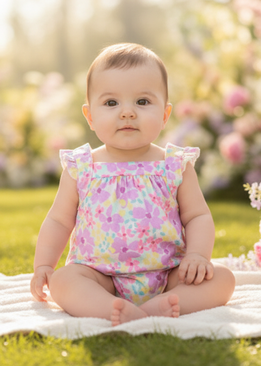 Girls Summer Watercolor Ruffle Cross Back Romper