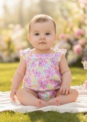 Girls Summer Watercolor Ruffle Cross Back Romper