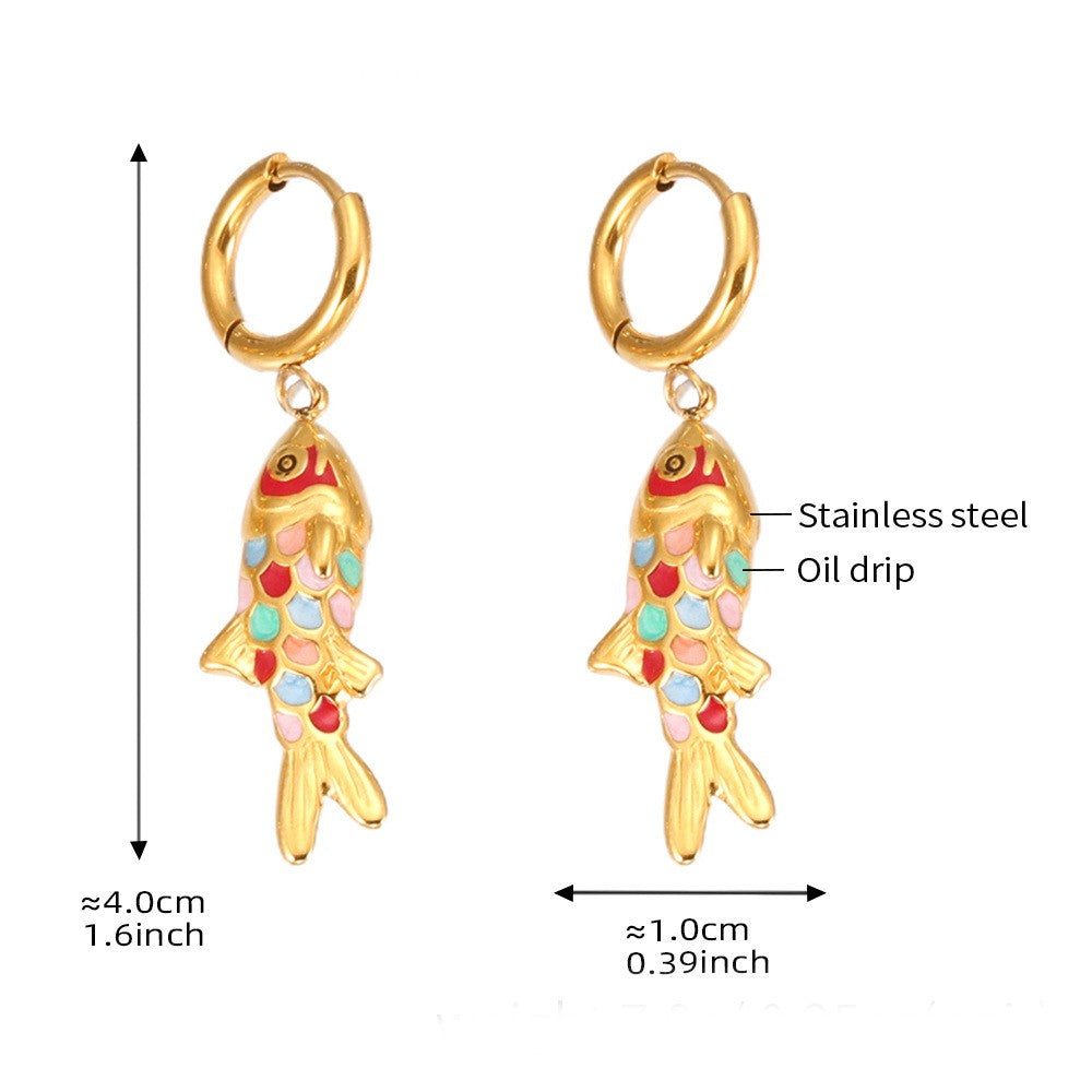 Gold Filled Enamel Fish Drop Earrings