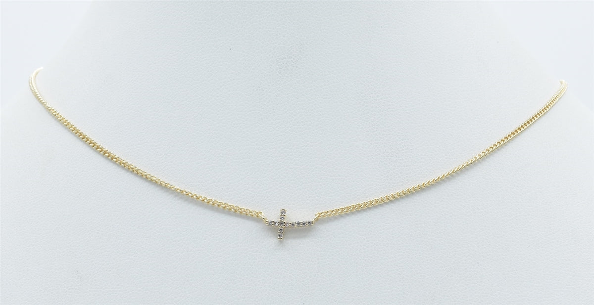 Gold Dainty Sideways Rhinestone Cross Necklace
