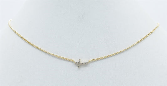 Gold Dainty Sideways Rhinestone Cross Necklace