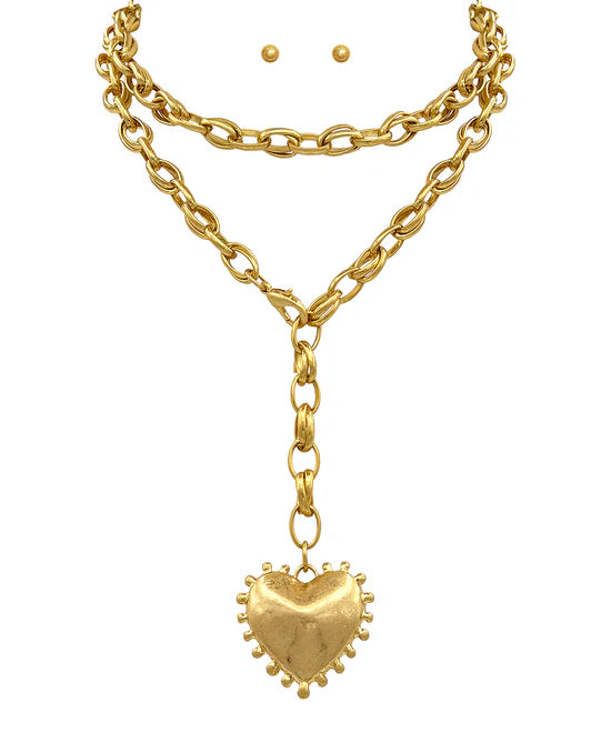 Dotted & Puffy Heart Long Necklace Set