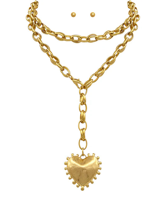 Dotted & Puffy Heart Long Necklace Set