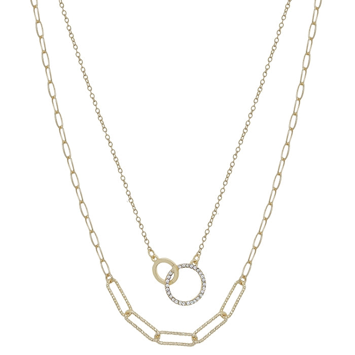 Gold Double Circle Pendant Layered with Gold Chain Necklace