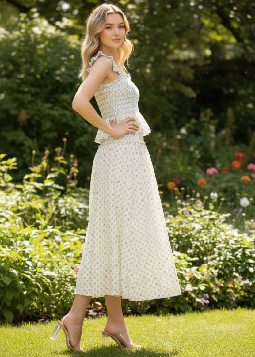 Woman in a white floral dress standing in a garden