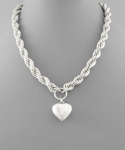 Silver Heart & Rope Chain Necklace