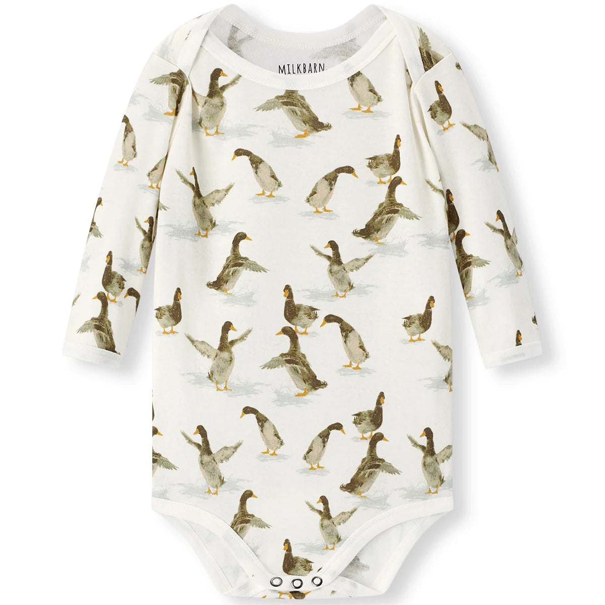 A long-sleeve baby bodysuit by Mållaren, featuring an all-over print of walking ducks on an off-white background. The bodysuit has three snap buttons at the crotch and is photographed flat against a clean white background.