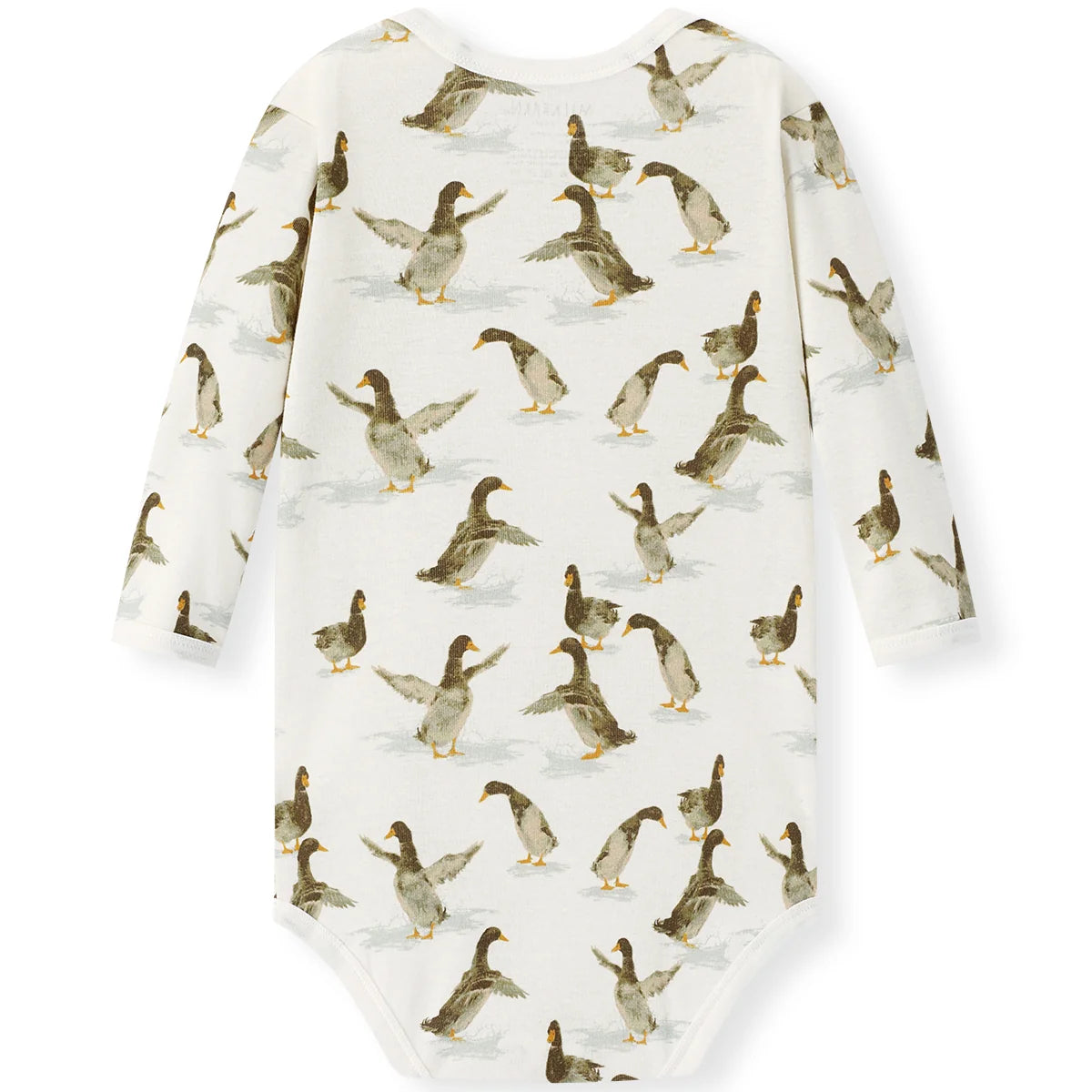 A long-sleeve baby bodysuit with an all-over print of walking ducks on an off-white background, shown flat against a white background.