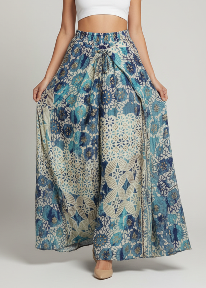 Floral patterned skirt worn by a person on a plain background