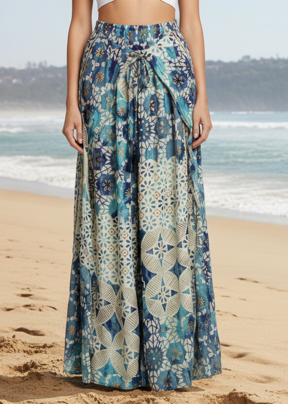 Person wearing a blue floral patterned skirt on a beach