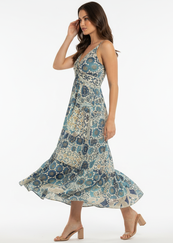 Woman wearing a floral dress on a white background