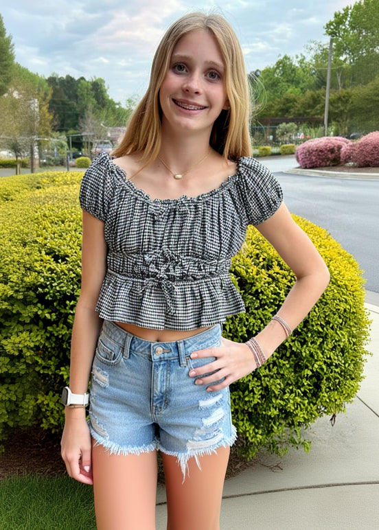 Girls Gingham Print Bow Top