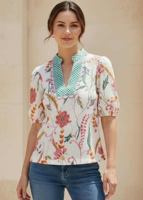 THML Gingham Contrast V Neck Top