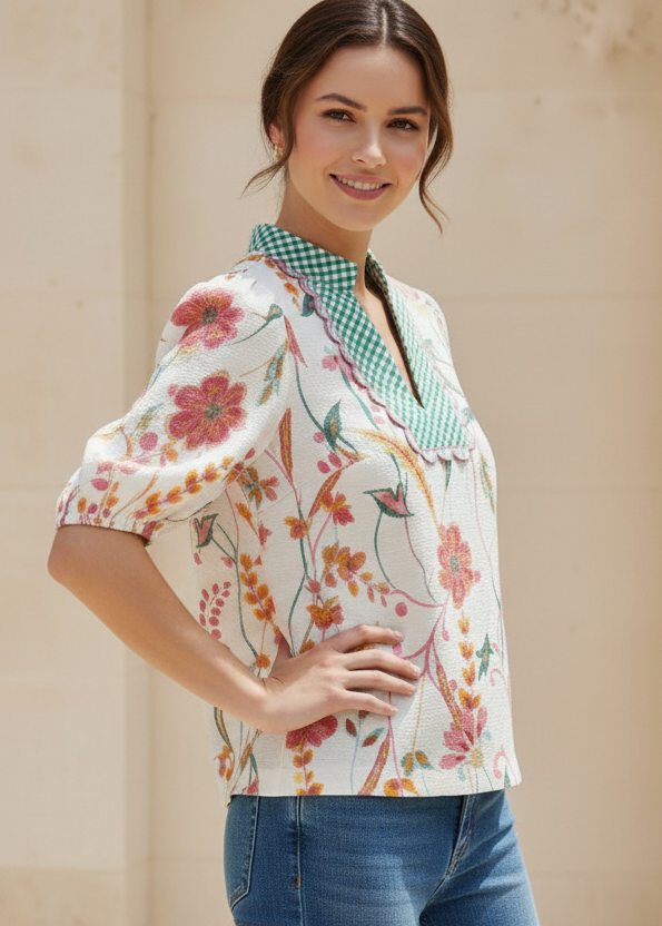 THML Gingham Contrast V Neck Top
