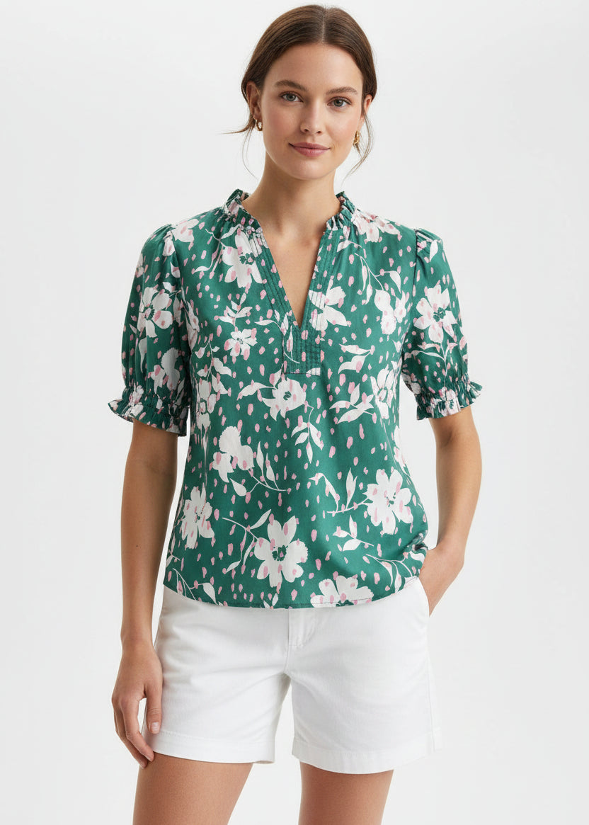 THML Floral Print Ruffle Neck Top