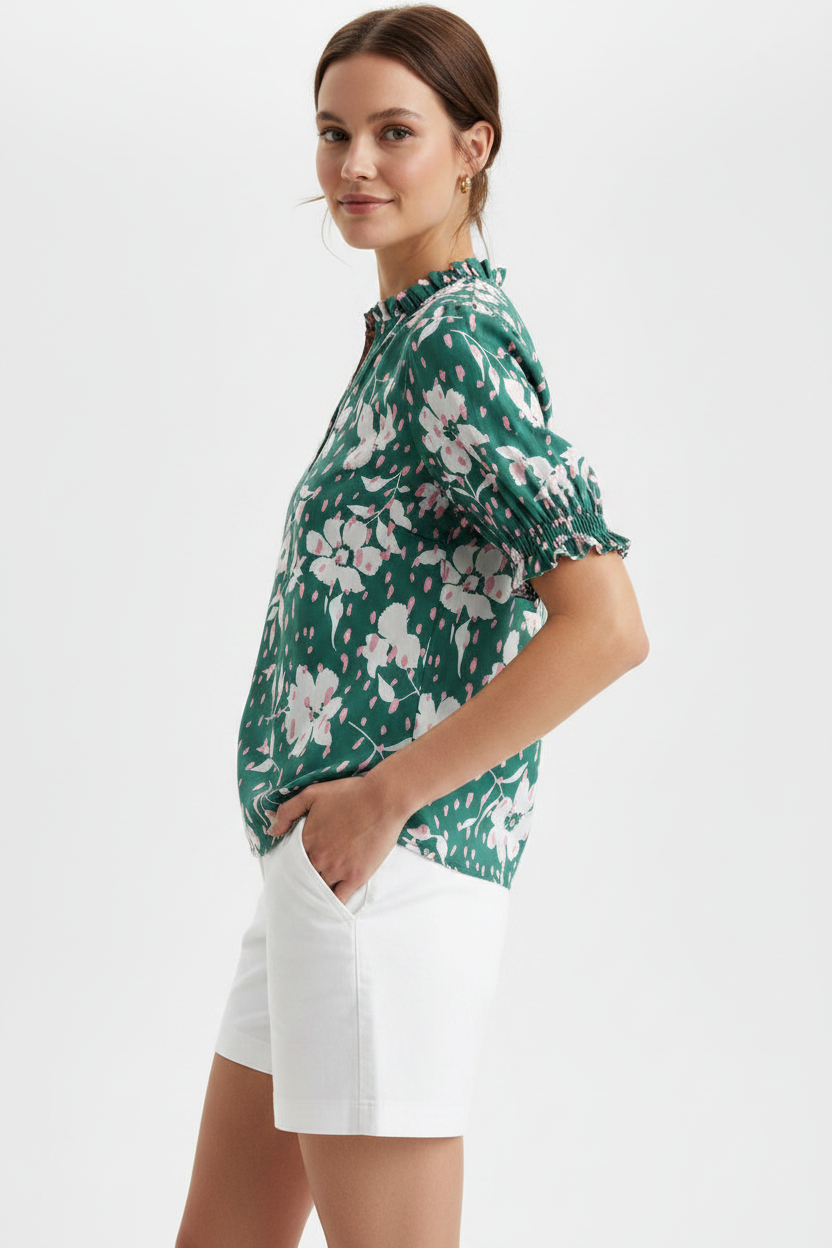 THML Floral Print Ruffle Neck Top