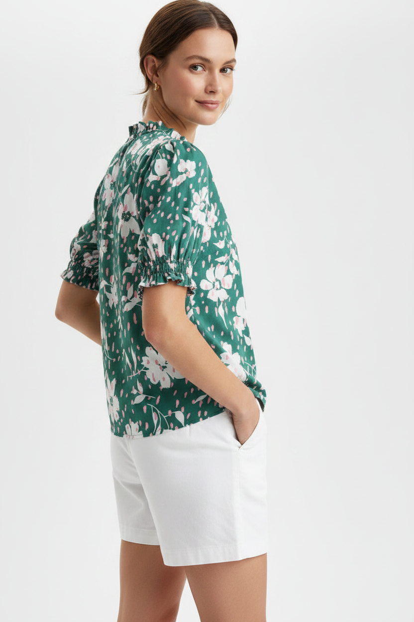 THML Floral Print Ruffle Neck Top