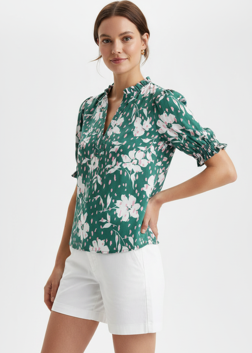 THML Floral Print Ruffle Neck Top