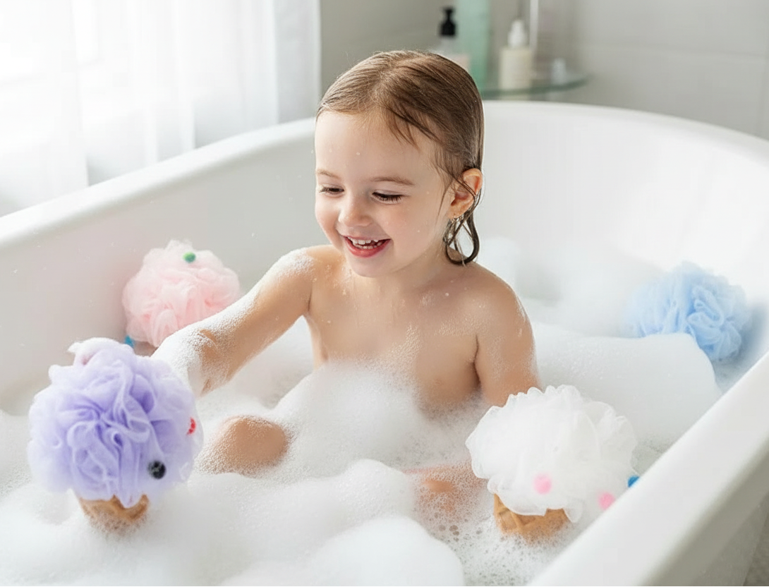 Child in a bathtub with bubbles and bath toys