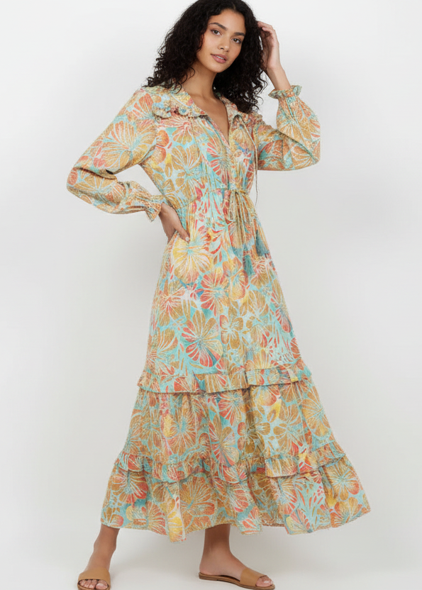 Woman wearing a floral dress on a white background