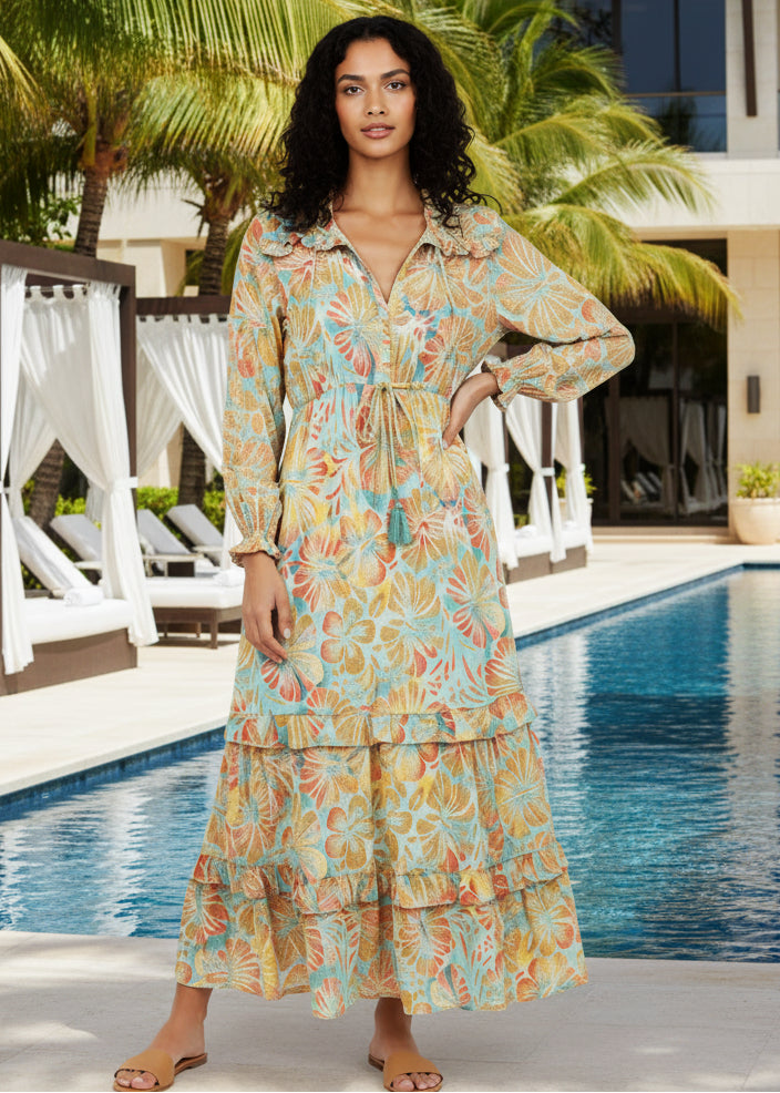 Island Breeze Ruffle Maxi Dress