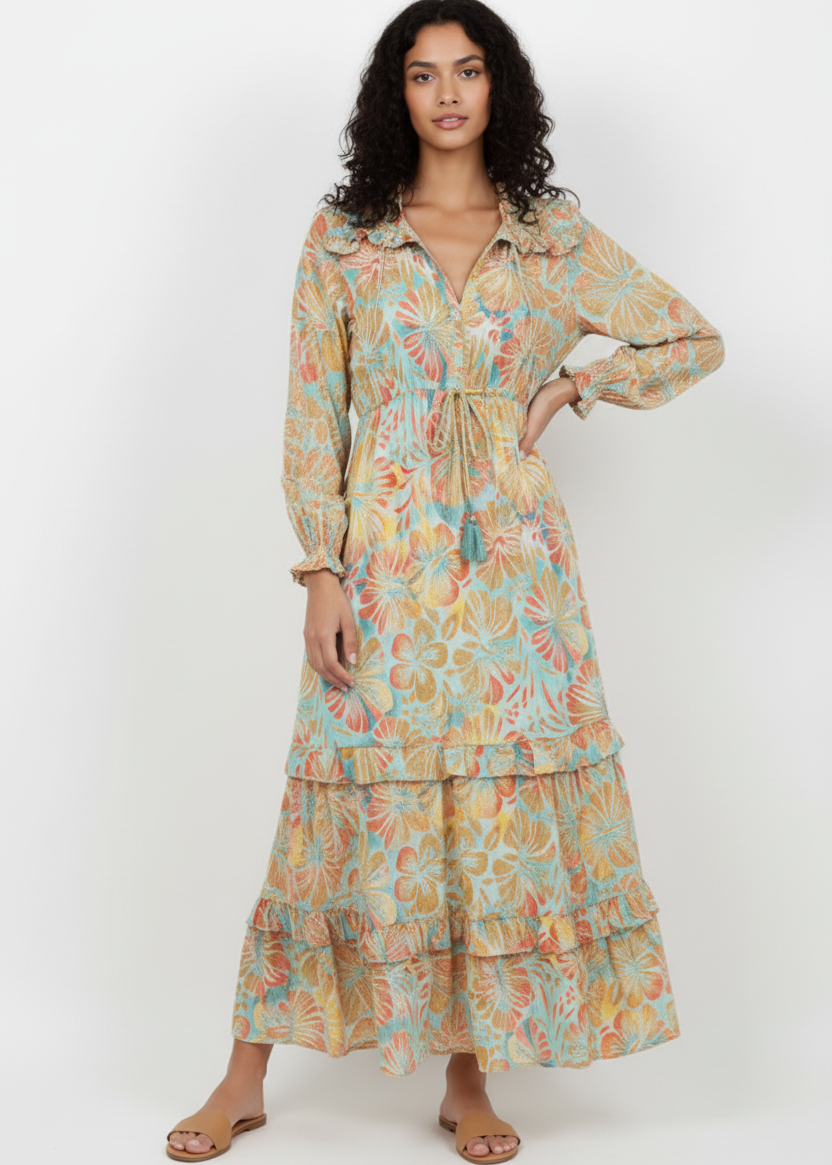 Woman wearing a floral dress on a white background