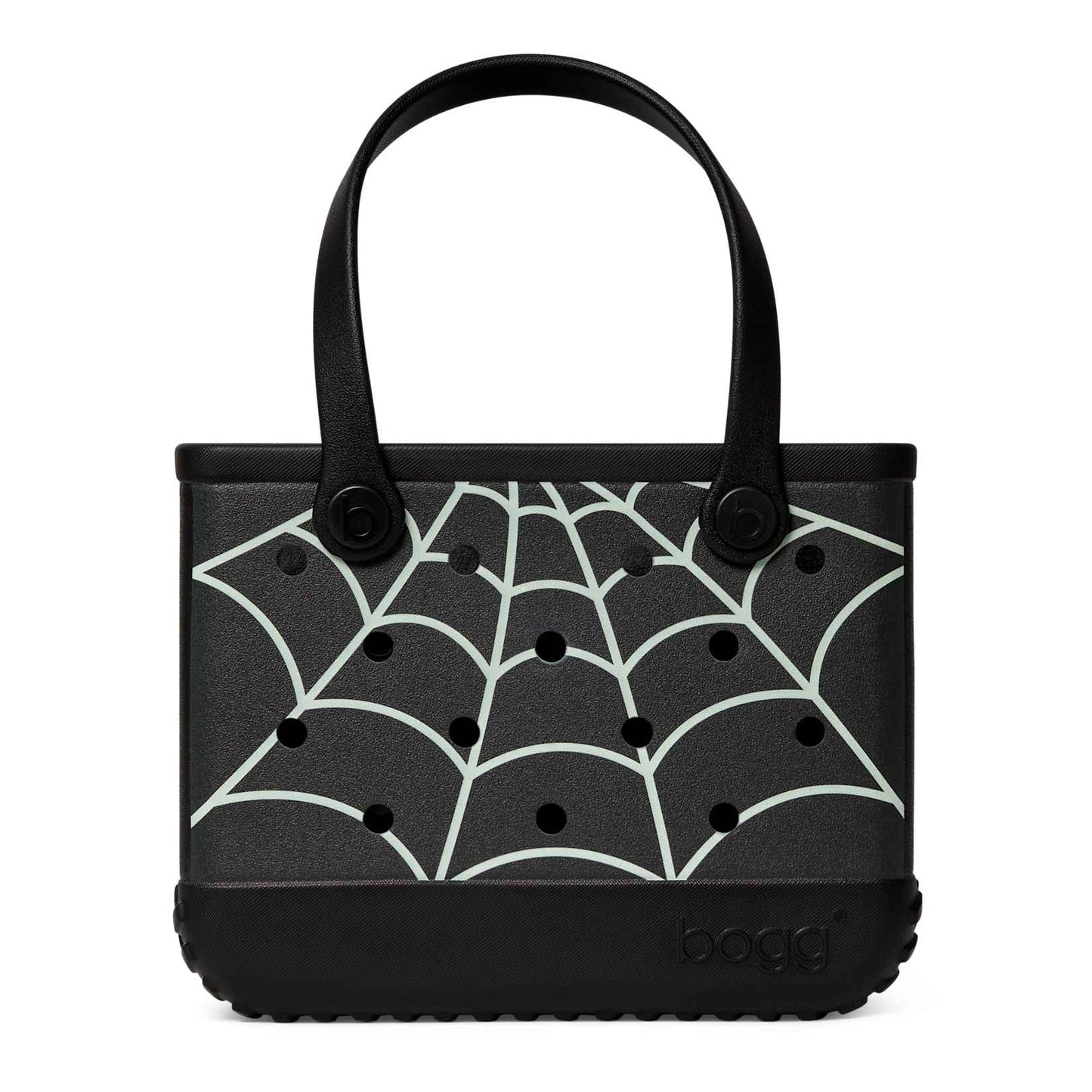 A black Bogg bag with a white spiderweb pattern on the front, featuring dual top handles and a textured black sole.